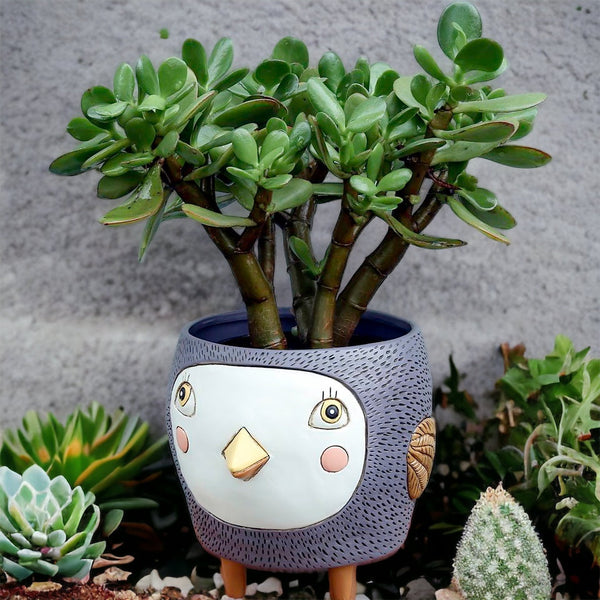 Bird Birdie Planter Funky Pot Plant Grey Purple Large